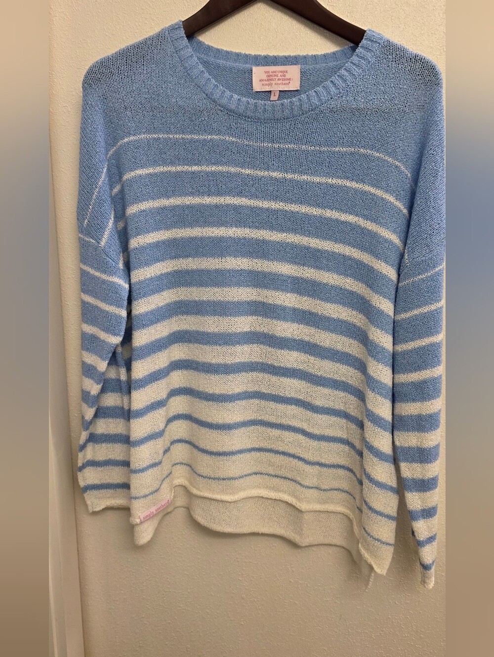 Simply Southern Light Blue and White Striped Crewneck Sweater